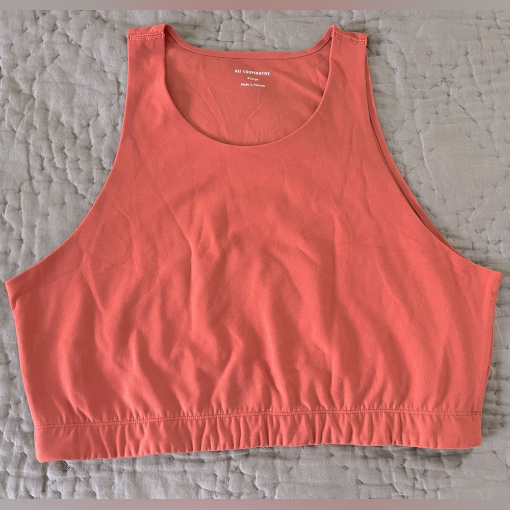 REI Take Your Time Coral Crop Top Long Sports Bra Size XL Low Impact Nylon Blend
